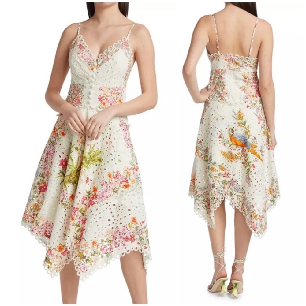 Farm Rio Women’s Delicate Forest Scarves Eyelet Midi Dress